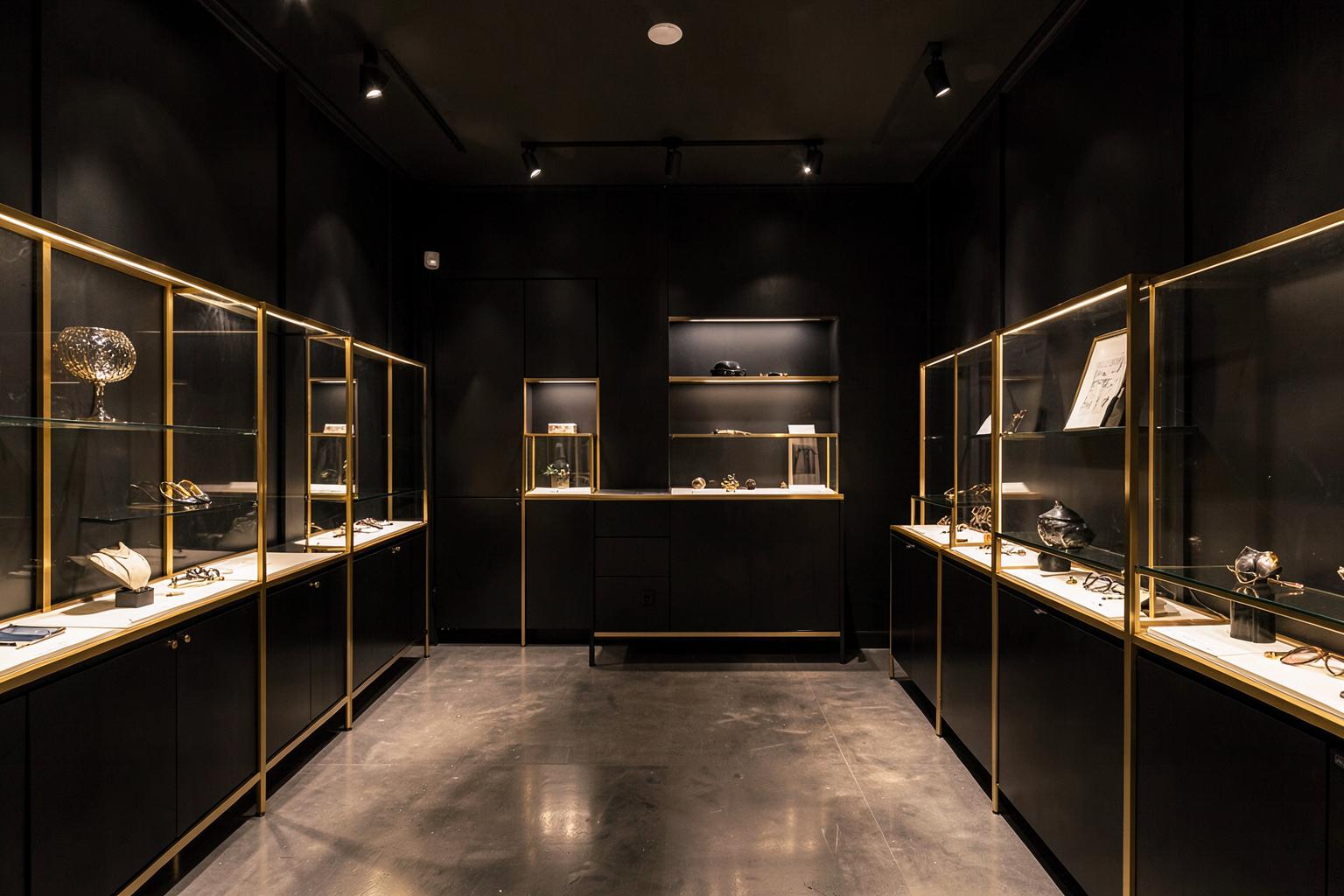 Ateliê Goldenlux com vitrines douradas